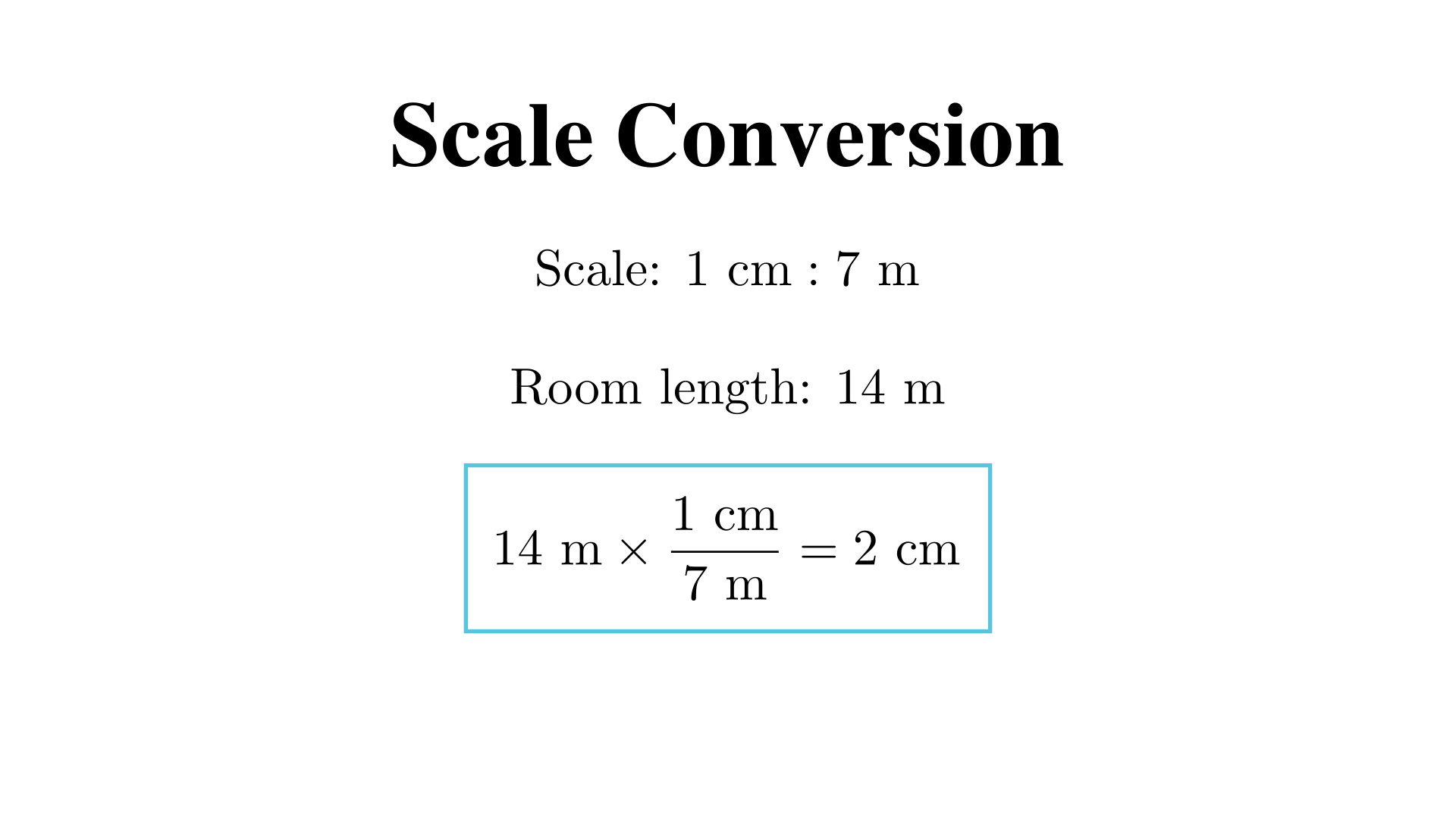 "The scale is 1 cm : 7 m. If a room is 14 m long