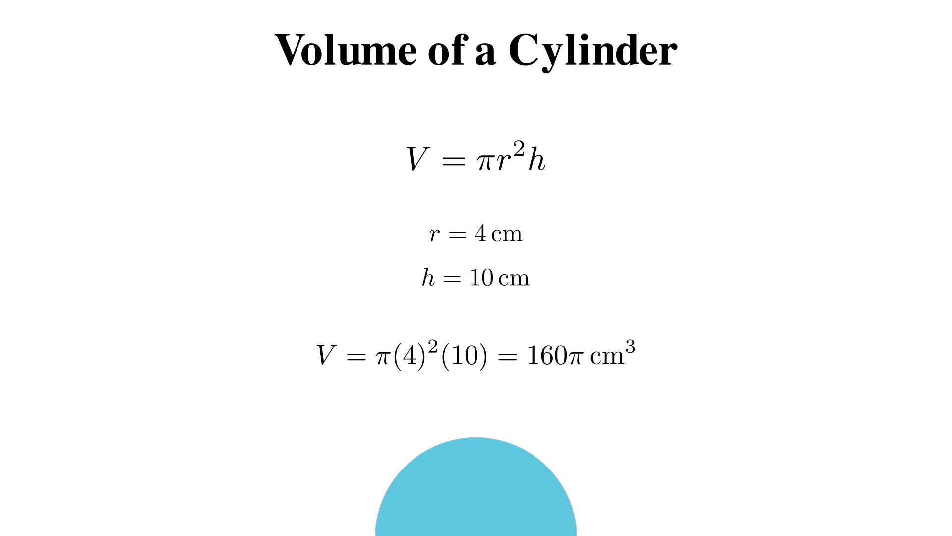 A cylinder has radius 4 cm and height 10 cm. What is the volume