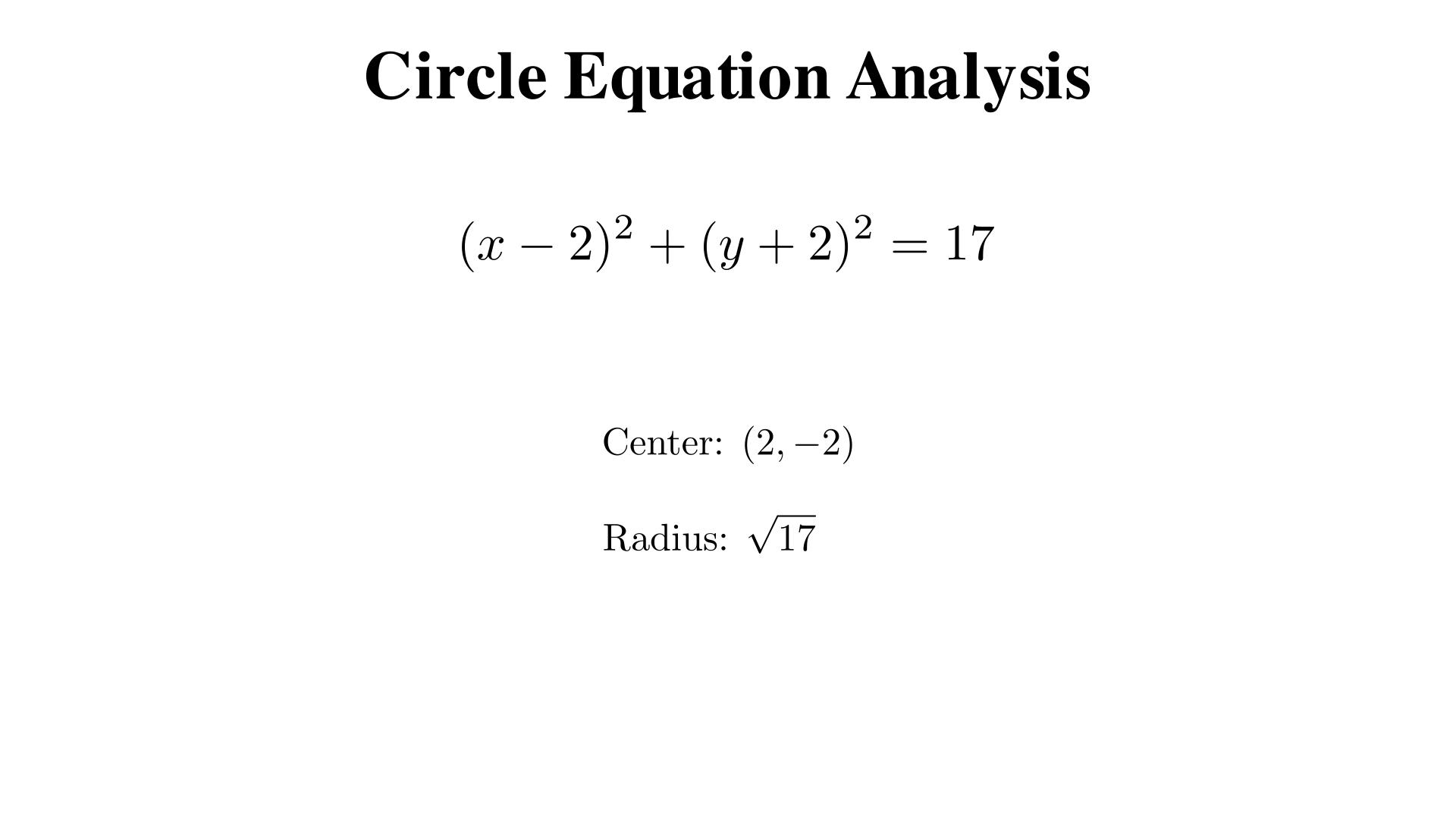 A circle has equation (x - 2)^2 + (y + 2)^2 = 17. What is the center and radius