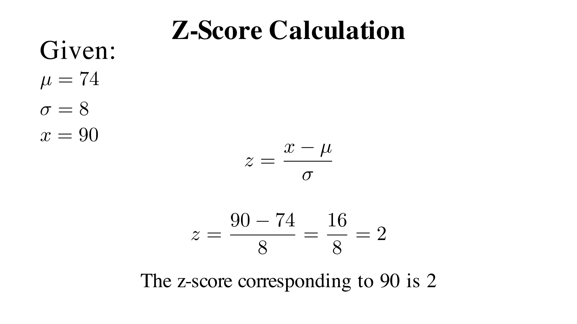 A data set has mean 74 and standard deviation 8. What z-score corresponds to 90