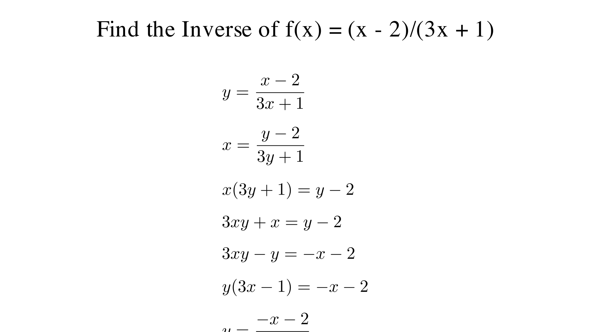 Find the inverse of f(x) = (x - 2)/(3x + 1)?