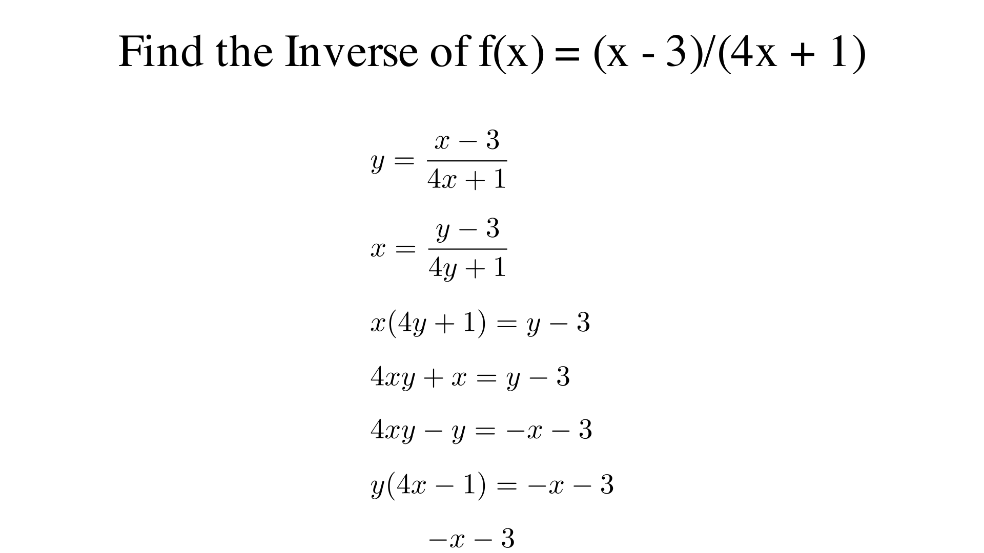 Find the inverse of f(x) = (x - 3)/(4x + 1)?