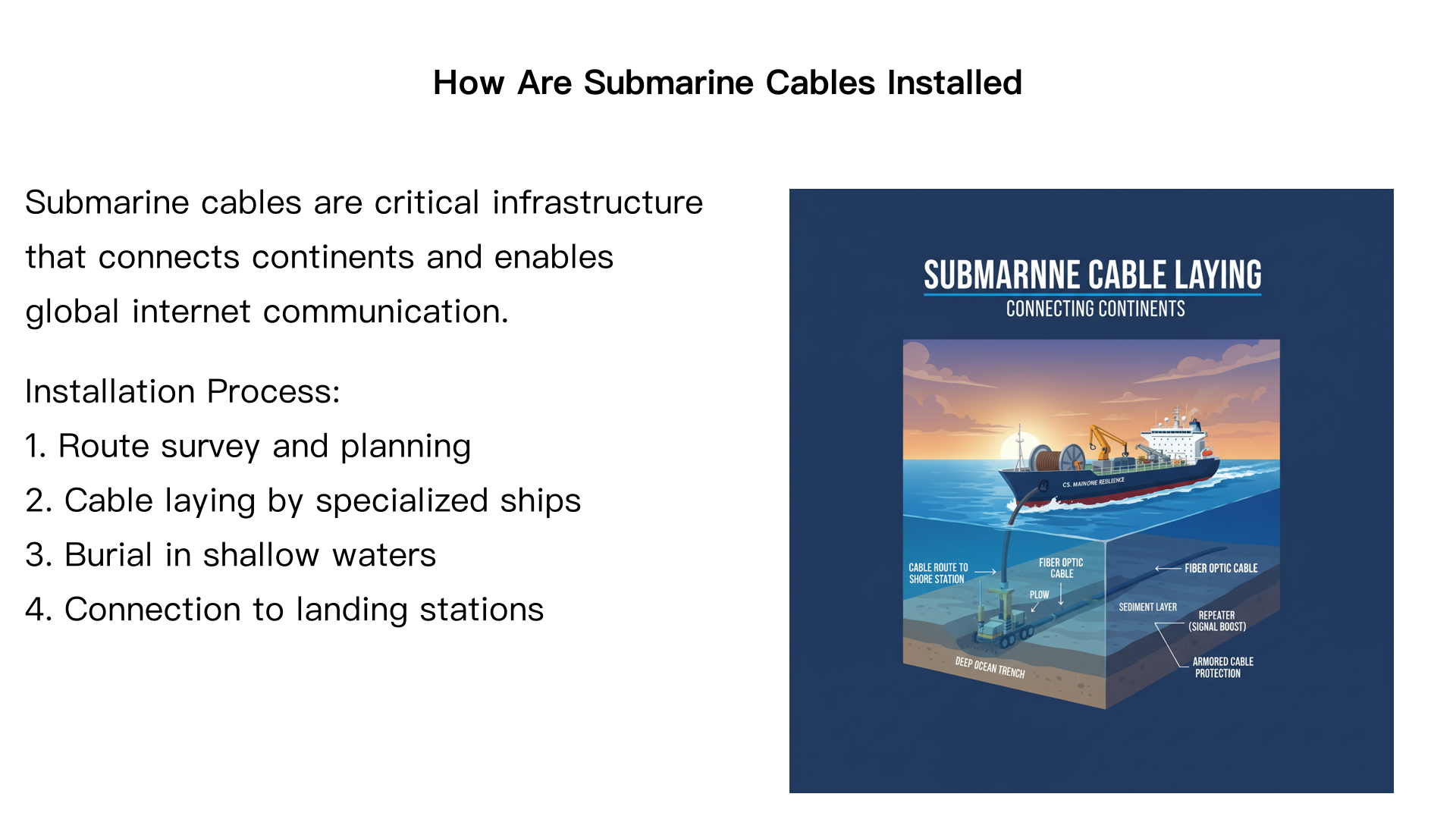 How are submarine cables installed