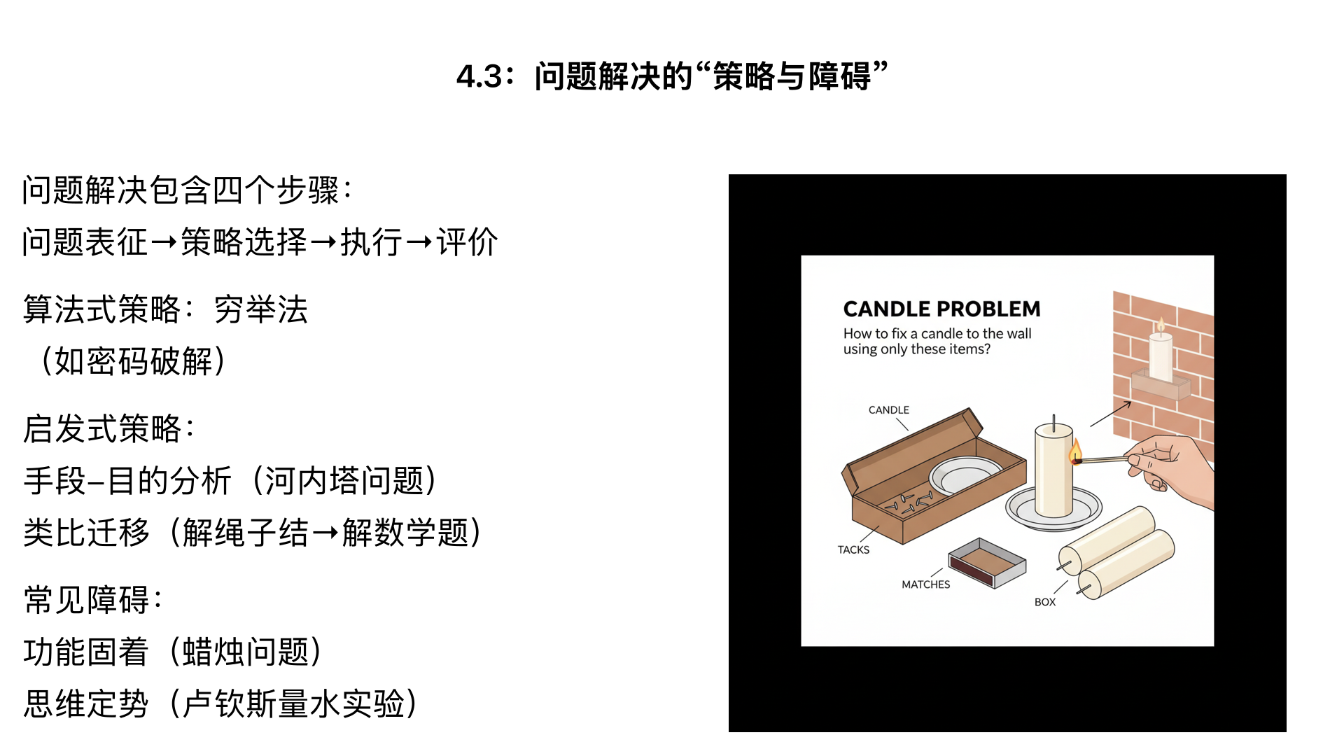 4.3：问题解决的 “策略与障碍”—— 如何高效 “破局”
核心内容：解析问题解决四步骤（问题表征→策略选择→执行→评价），对比算法式（如 “密码穷举”，适用于简单问题）与启发式（手段 - 目的分析：“河内塔问题” 中 “缩小当前状态与目标状态差距”；类比迁移：“用‘解绳子结’思路解数学题”），用 “功能固着”（“蜡烛问题” 中想不到 “盒子当烛台”）和 “思维定势”（“卢钦斯量水实验” 中重复使用旧方法）解释解决障碍。
互动：分组解决 “九点连线问题”（用 4 条直线连接 9 个点，不能抬笔），复盘 “打破思维定势” 的过程。