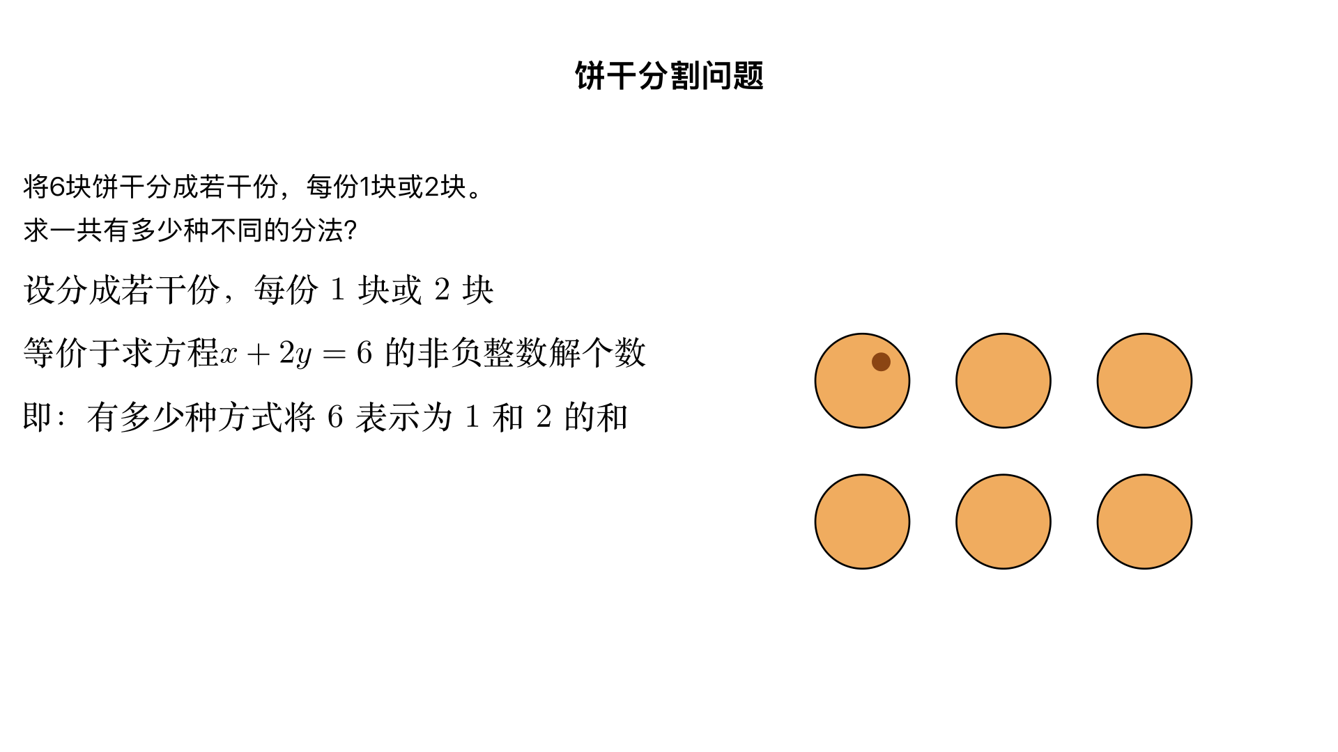 把6块饼干分成若干份，每份1块或2块。一共有多少种不同的分法?
