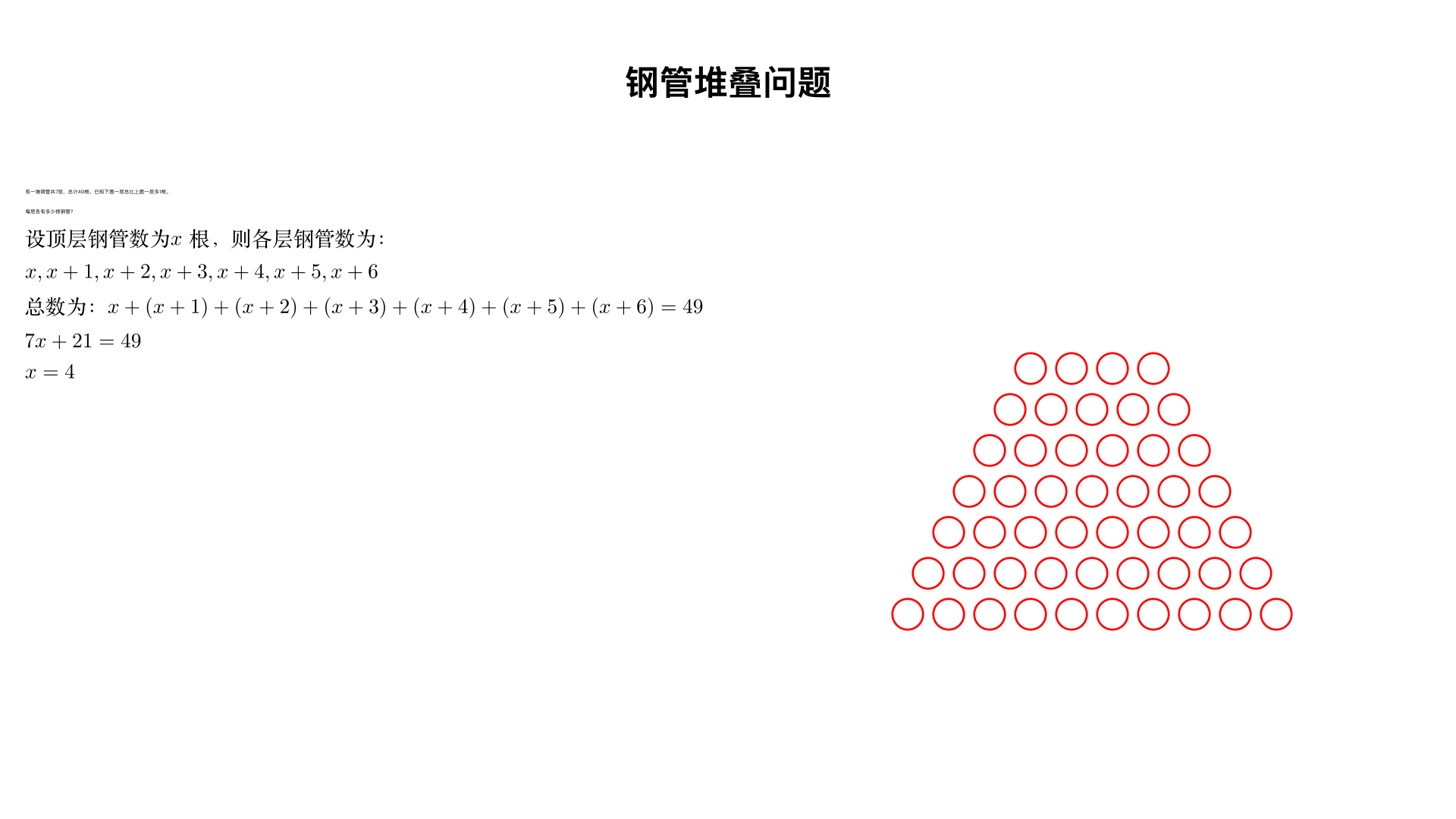 一堆钢管,有7层,共49根。已知:下面一层总比上面一层多1根。你知道每层各有多少根钢管吗?