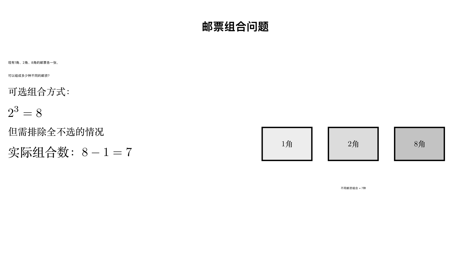 1角、2角、8角的邮票各有一张,可以组成多少种不同的邮资?