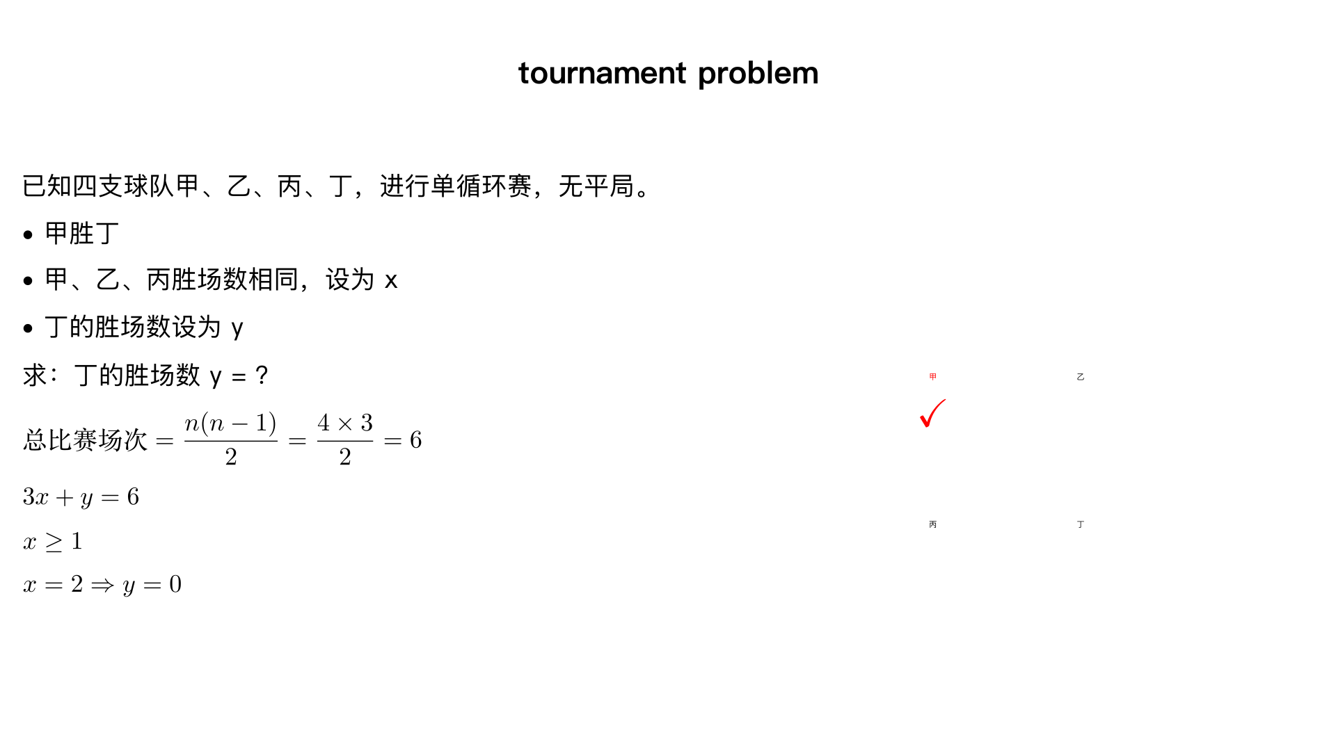 已知条件：
•球队：甲、乙、丙、丁 4 支，每两队赛 1 场（单循环赛）；
•无平局，每场 1 个胜者（总胜场数 = 总比赛场次）；
•甲胜丁，且甲、乙、丙胜场数相同（设为x），求丁的胜场数（设为y）。
步骤 1：计算 “总比赛场次” 与 “总胜场数”
单循环赛总场次公式：\frac{n(n-1)}{2}（n为球队数），代入n=4：
总比赛场次 = \frac{4Ã3}{2}=6场
因无平局，总胜场数 = 总比赛场次 = 6 场。
步骤 2：建立 “胜场数关系” 并确定变量范围
甲、乙、丙各胜x场，丁胜y场，总胜场数满足：3x + y = 6（x、y为非负整数，且x需符合实际比赛逻辑）
结合 “甲胜丁” 的条件，推导x的可能值：
•甲的对手是乙、丙、丁，甲至少胜 1 场（胜丁），故x \geq 1；
•若x=1：则3Ã1 + y=6→y=3。但丁要胜 3 场，需打败甲、乙、丙，可题目明确 “甲胜丁”，丁不可能胜甲，矛盾，排除；
•若x=2：则3Ã2 + y=6→y=0。此时需验证是否合理：甲胜 2 场（含胜丁，另 1 场胜乙或丙），乙胜 2 场（对手为甲、丙、丁，胜丁 + 胜甲 / 丙），丙胜 2 场（对手为甲、乙、丁，胜丁 + 胜甲 / 乙），无矛盾（例：甲胜丁 + 乙，乙胜丁 + 丙，丙胜丁 + 甲，丁全负）；
•若x=3：则3Ã3=9 > 6，总胜场超 6，不可能，排除。
步骤 3：确定丁的胜场数
唯一符合条件的是y=0，即丁胜 0 场。
三、反推验证（确保无逻辑矛盾）
假设丁胜 1 场：则3x=6-1=5，x不是整数（胜场数需为整数），矛盾；
假设丁胜 2 场：则3x=6-2=4，x不是整数，矛盾；
假设丁胜 3 场：需胜甲、乙、丙，但 “甲胜丁”，不可能，矛盾；
只有丁胜 0 场时，x=2（甲、乙、丙各胜 2 场），且满足 “甲胜丁”，所有比赛逻辑闭环（如：甲胜丁 + 乙，乙胜丁 + 丙，丙胜丁 + 甲），无矛盾。
四、最终结果
丁胜了 0 场。