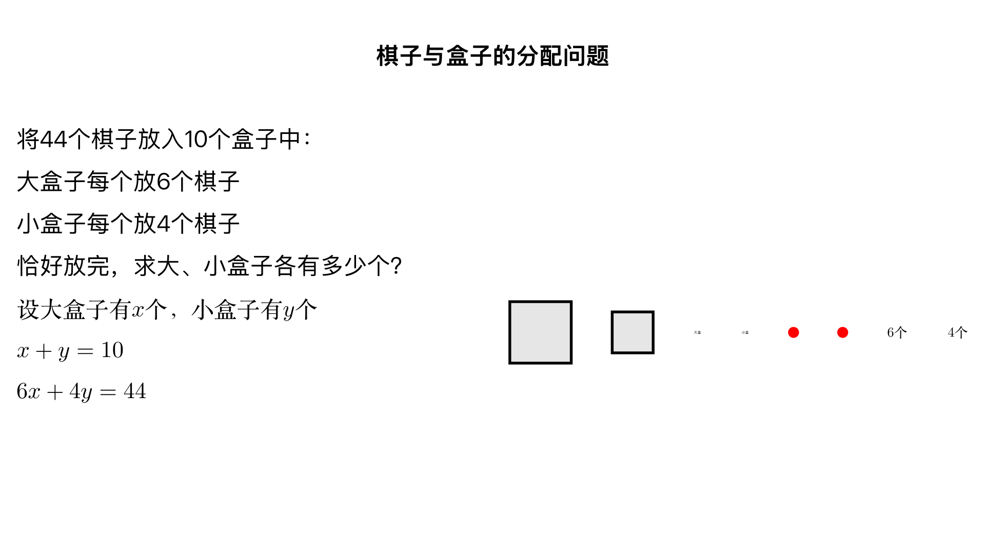 把44个棋子放在大小两种型号的10个盒子里,每个大盒子里放6个棋子,每个小盒子里放4个棋子,恰好放完。大、小盒子各有多少个!